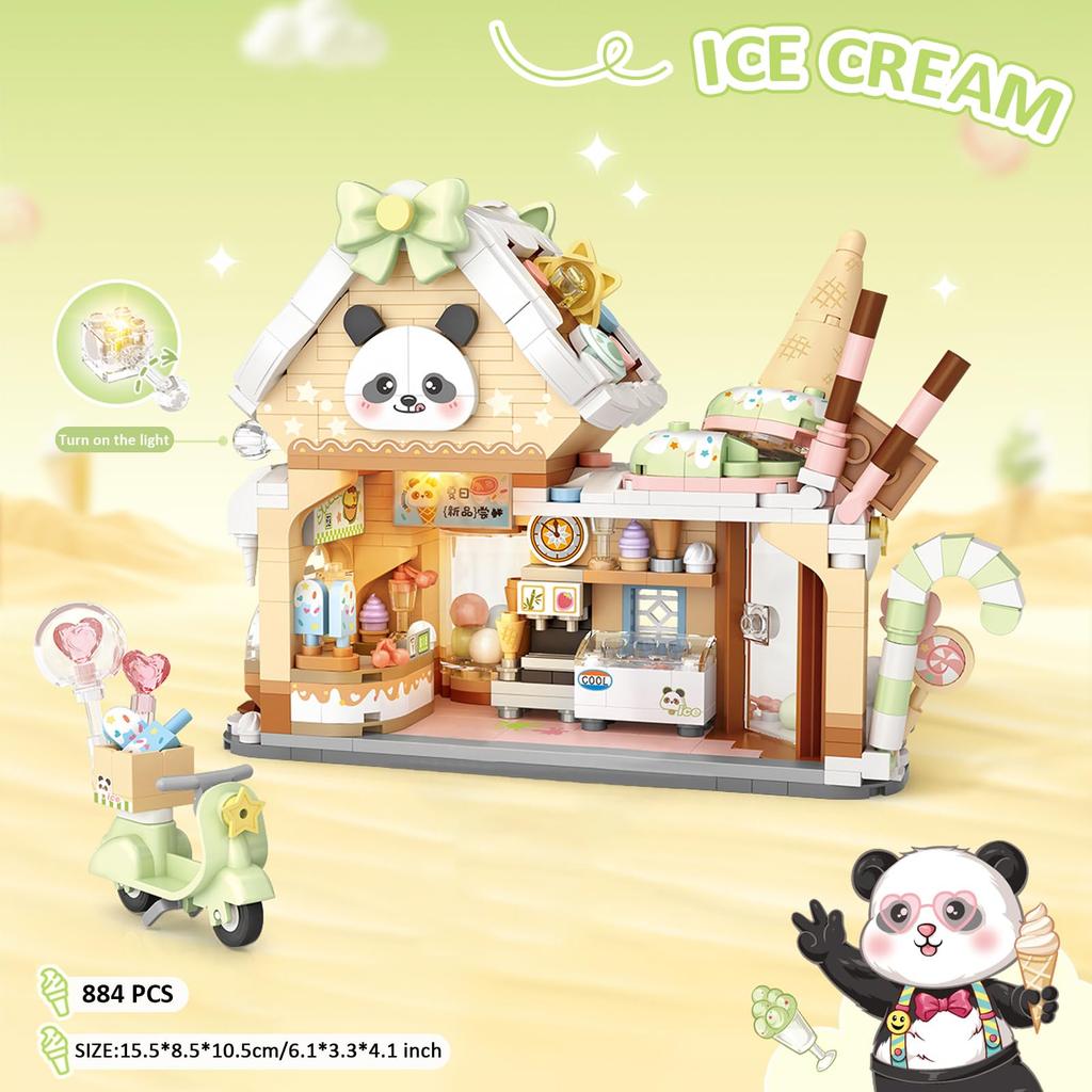 MEIEST Bloc de Construction Magasin de Glaces Panda, Ensemble de Blocs de Construction Magasin Mini Ville Rue Panoramique Jouet de Construction à Particules, Décoration de Maison