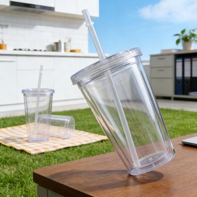 1 Stück-Doppellagiger transparenter Kunststoff-Trinkbecher mit Deckel, Wasserflasche, Strohhalmbecher, Outdoor-Getränkebecher, Tee-Milchbecher, Werkzeug