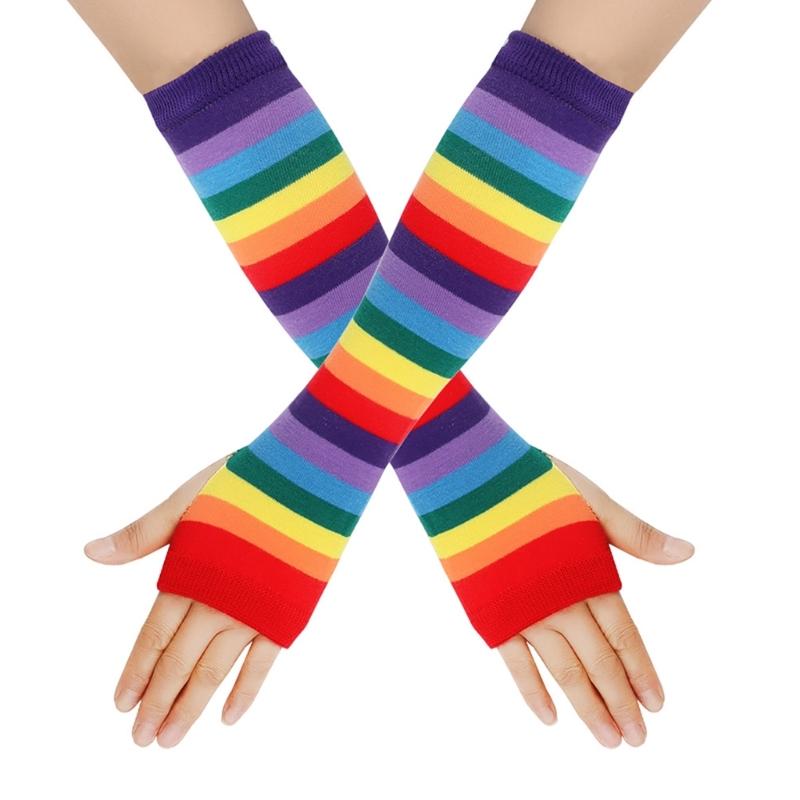 Rainbow Stripe Thigh High Socks Gloves for Female Christmas Party Costume Accessories Stretchy Warm Socks Cosplay Props