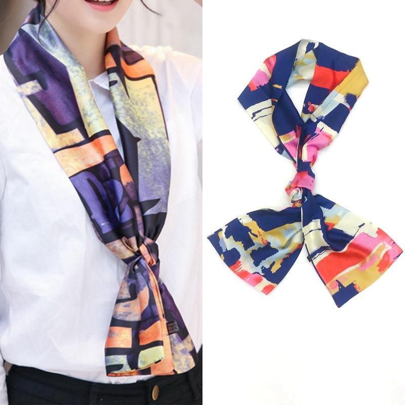 Fashion Long Skinny Silk Neck Scarf Collar Tie Women Foulard Bag Ribbon Scarves Floral Print Head Kerchief