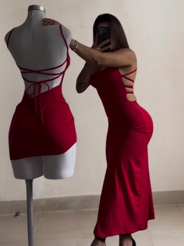 Seksi Sırtı Açık Bağcıklı Uzun Elbise Kadın Yırtmaçlı Kolsuz Vücuda Oturan Parti Kulüp Akşam Elbiseleri Yüksek Sokak Kadın Askılı Robalar
