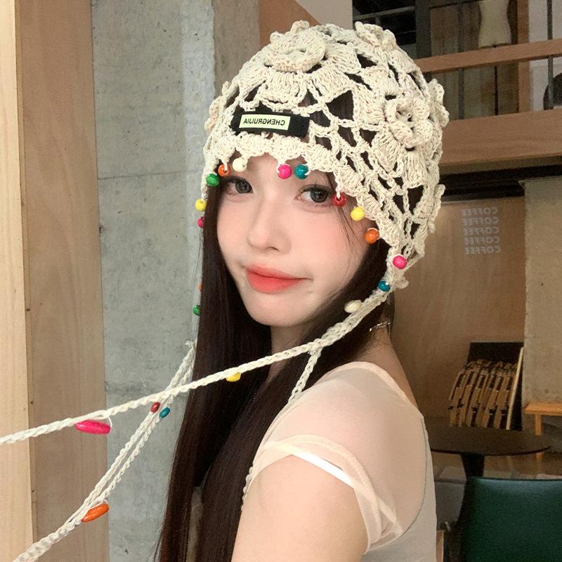 Vintage Bohemian Style Flower Fringed Woven Beanies for Women Summer Outing Versatile Hollow Breathable Fashion Pullover Hats