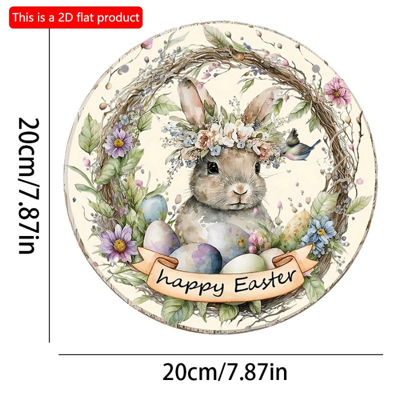 2d Flat 20*20cm, Easter Decoration, Happy Easter, Wooden Circular Wall Decoration, Cartoon Rabbit Easter Egg Welcome Door Number, for Home, Kitchen