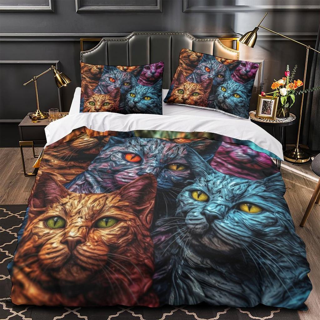 3D Digital Printing Color Cat Series Quilt Cover Pillowcase Two Or Three-Piece Set Polyester Abraded