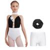 Girls Gymnastics Dance Outfit Sleeveless Keyhole Back Rhinestones Leotard V Waistband Shorts Hair Tie