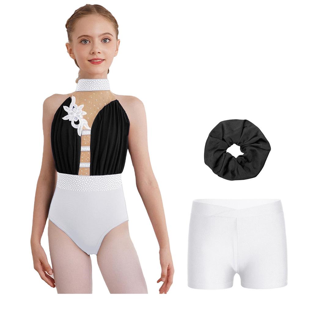 Girls Gymnastics Dance Outfit Sleeveless Keyhole Back Rhinestones Leotard V Waistband Shorts Hair Tie