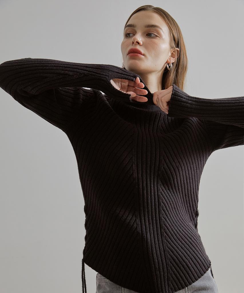 ETMON Slit Sleeve Side Strap Knit Top Black