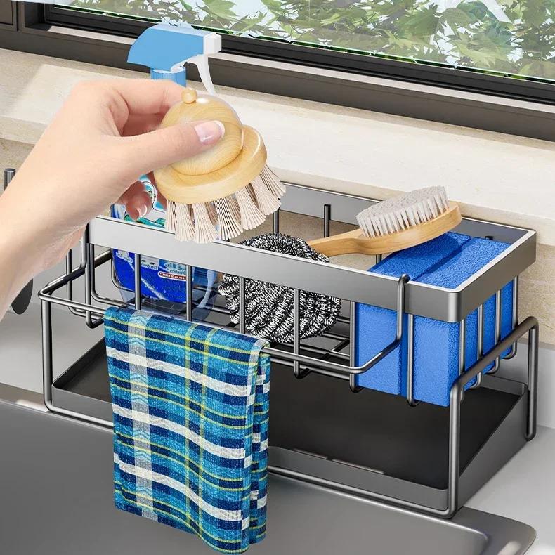 Carbon Steel Self-draining Sink Shelf Soap Sponge Holder Dishcloth Towel Rack Filter Basket Kitchen Sink Drain Rack Organizer