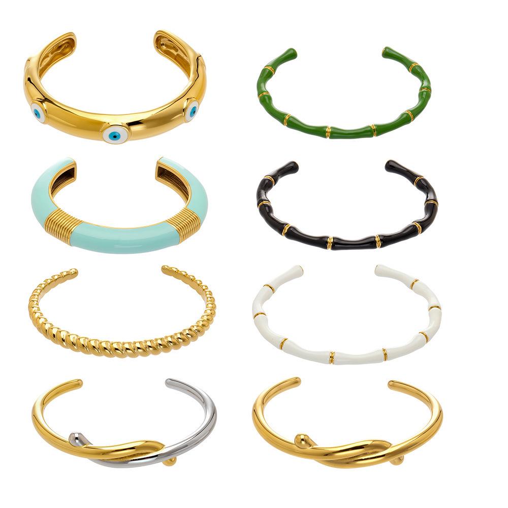 18K Gold-Plated Stainless Steel Geometric Bamboo Joint Multi-Color Cuff Bracelet Set