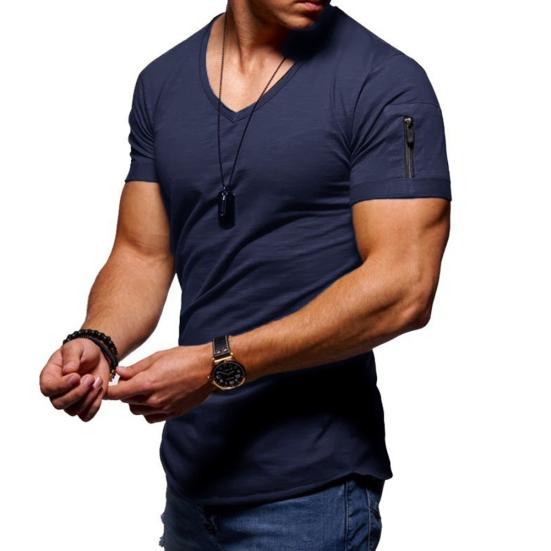 Men Solid Color Zip Pocket V Neck Short Sleeve T-shirt Fit Plus Size Tee Top