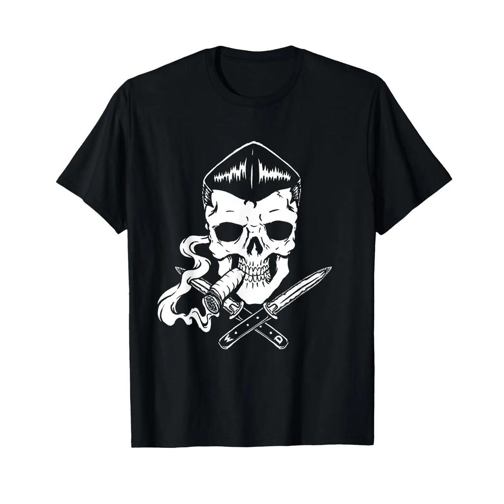 Horror Art Smoking Skull And Bones Pompadour Psychobilly T Shirt Vintage Slightly Stylish Streetwear Unisex Casual