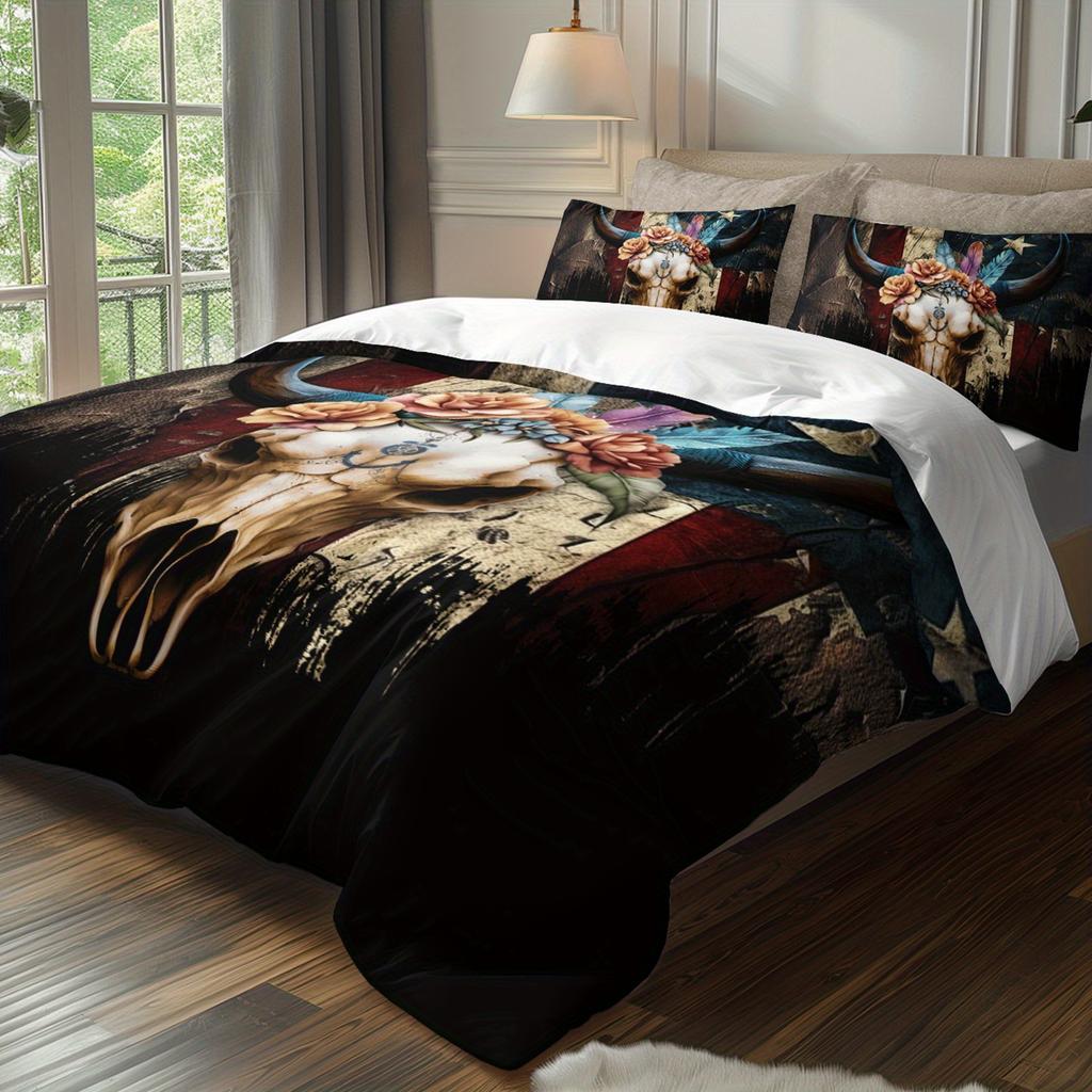 3pcs Floral Cow Skull American Flag Bedding Duvet Cover Set Bohemian Cow Skull Bedding Quilt Set Bohemian Themed Bed Quilt Set