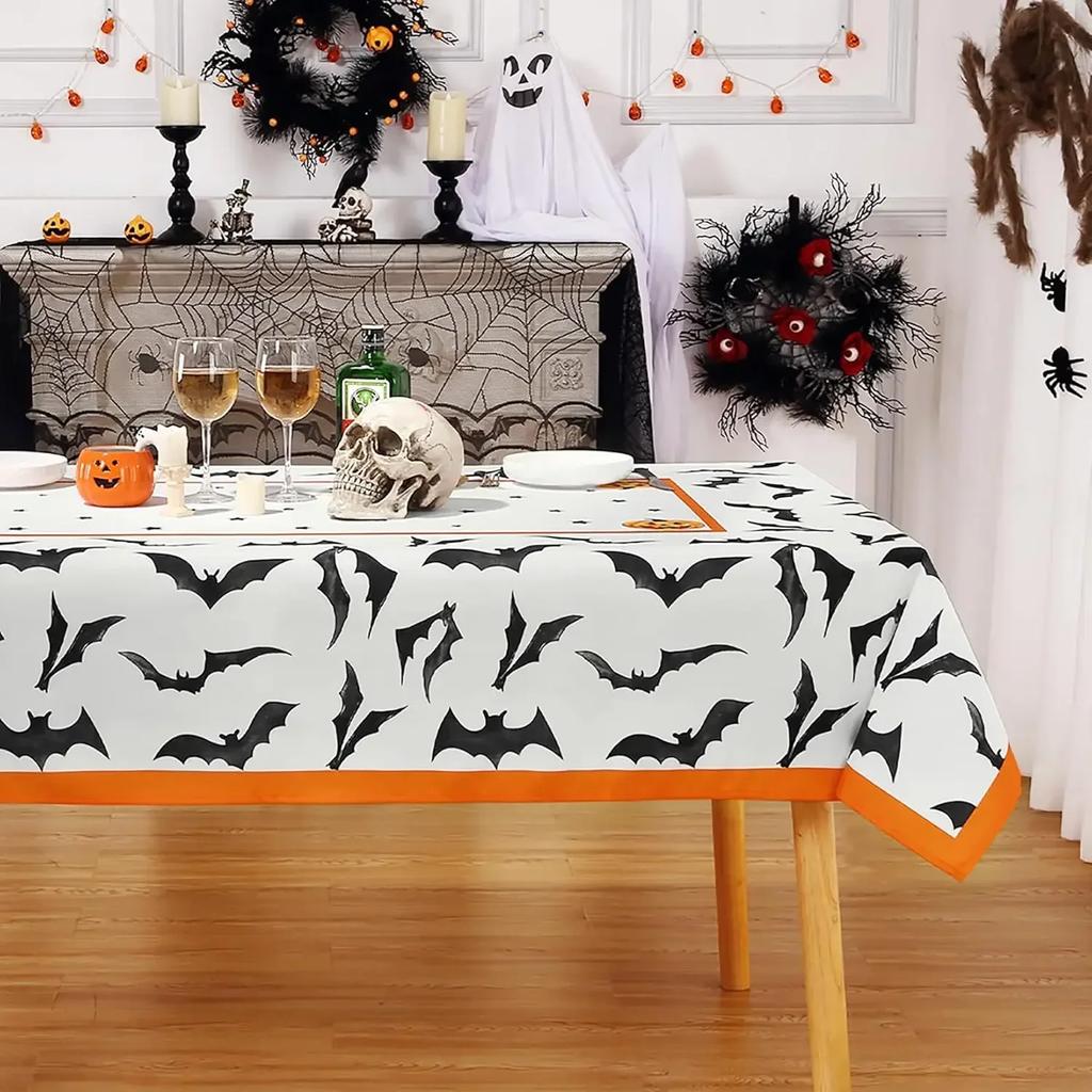 Rectangle Halloween Bats Scary White Orange Tablecloth Holiday Party Decor Reusable Waterproof Tablecloth Halloween Decorations