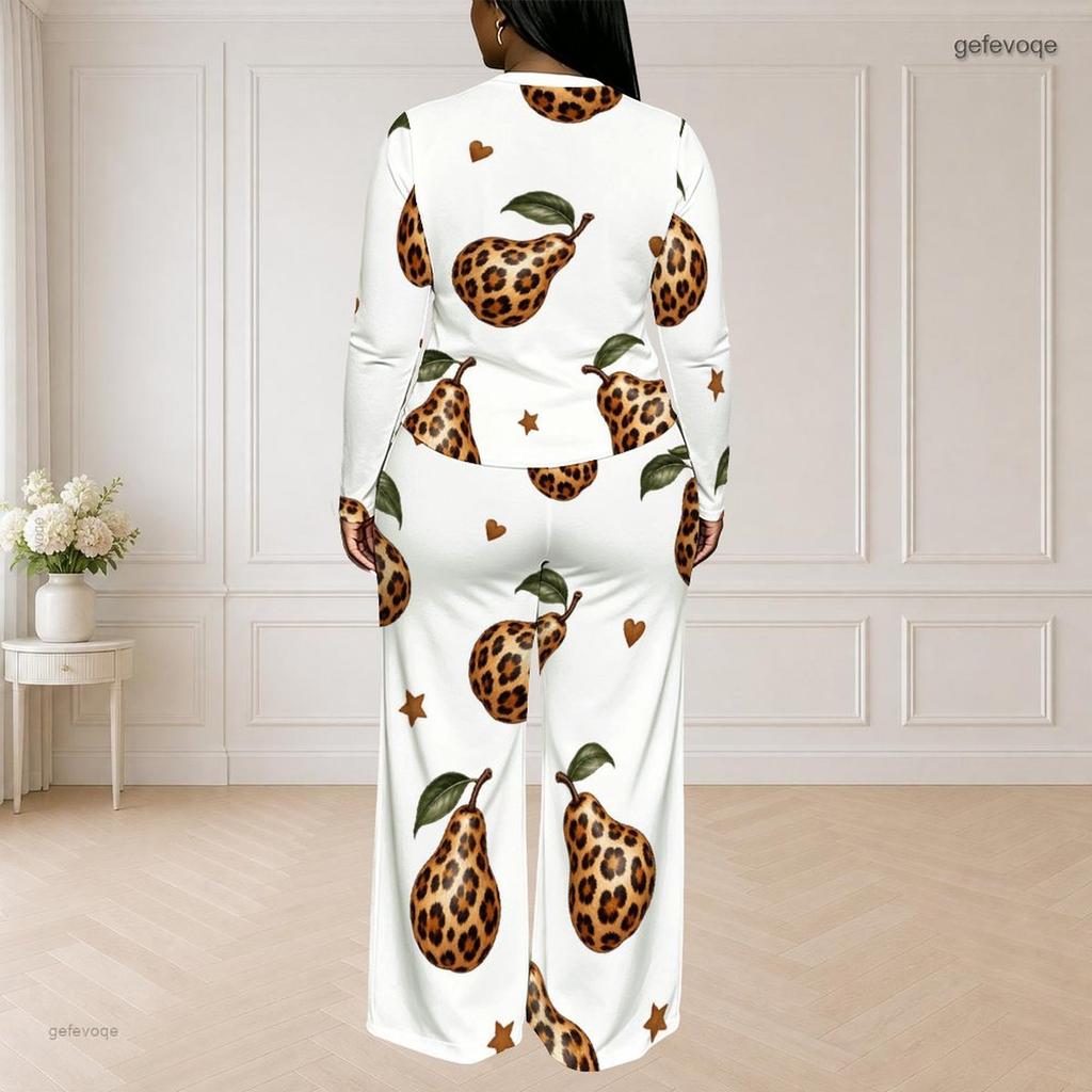 Women Plus Size White Printed Round Neck Long Sleeve Top And Long Pants Set