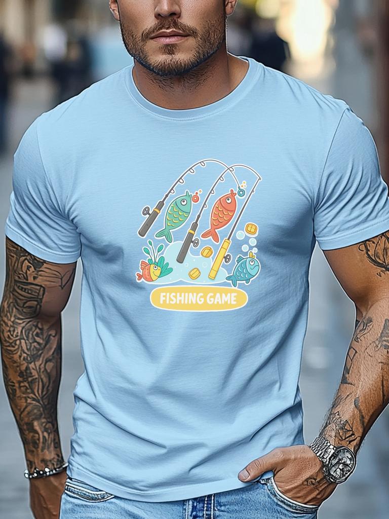 Mens Summer Fishing TShirt Fishing Game Rod Fish Print Short Sleeve Round Neck Soft Oversized Playful Daily Wear