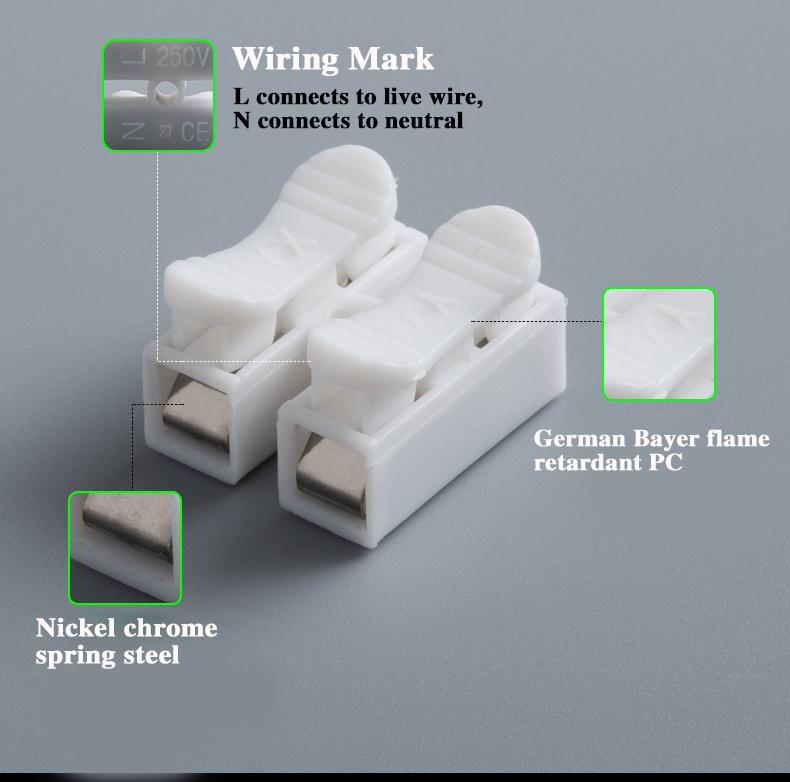 55pcs/lot CH-2 2Pin Spring Wire Quick Connector Splice With No Welding No Screws Cable Clamp Terminal 2 Way Easy Fit Led Strip