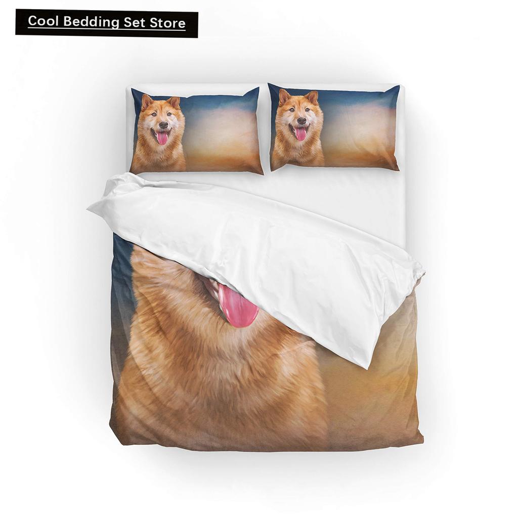 Yellow Shiba Inu King Queen Bedding Set Lovely Puppy Duvet Cover Family Pet Animal Quilt Cover 2/3pcs Polyester Comforter Cover