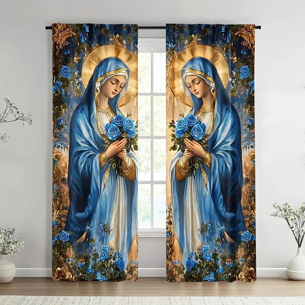 Festival Blue Gold Design Virgin Mary Printed Curtains Home Decoration Room Made Of Polyester