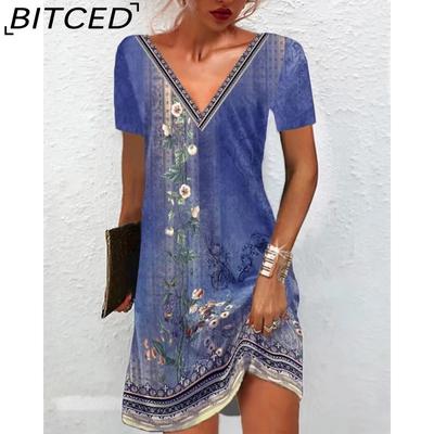 Women's Fashion Summer Spring Floral Print Short Sleeve V-Neck Casual Dresses