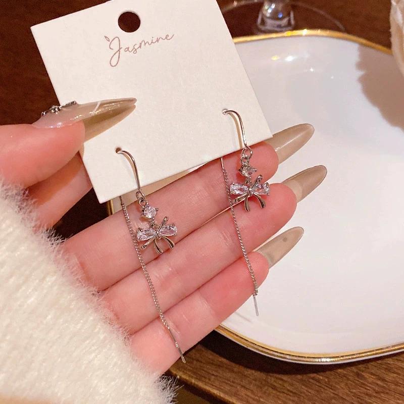 Zircon Bow Drop Earrings for Women Exquisite Sweet Dangle Earrings Long Tassel Ear Threads Vintage Trendy Versatile Jewelry Gift