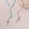 6mm Pink Rose Rosary Necklace with Cross and Glass Beads
