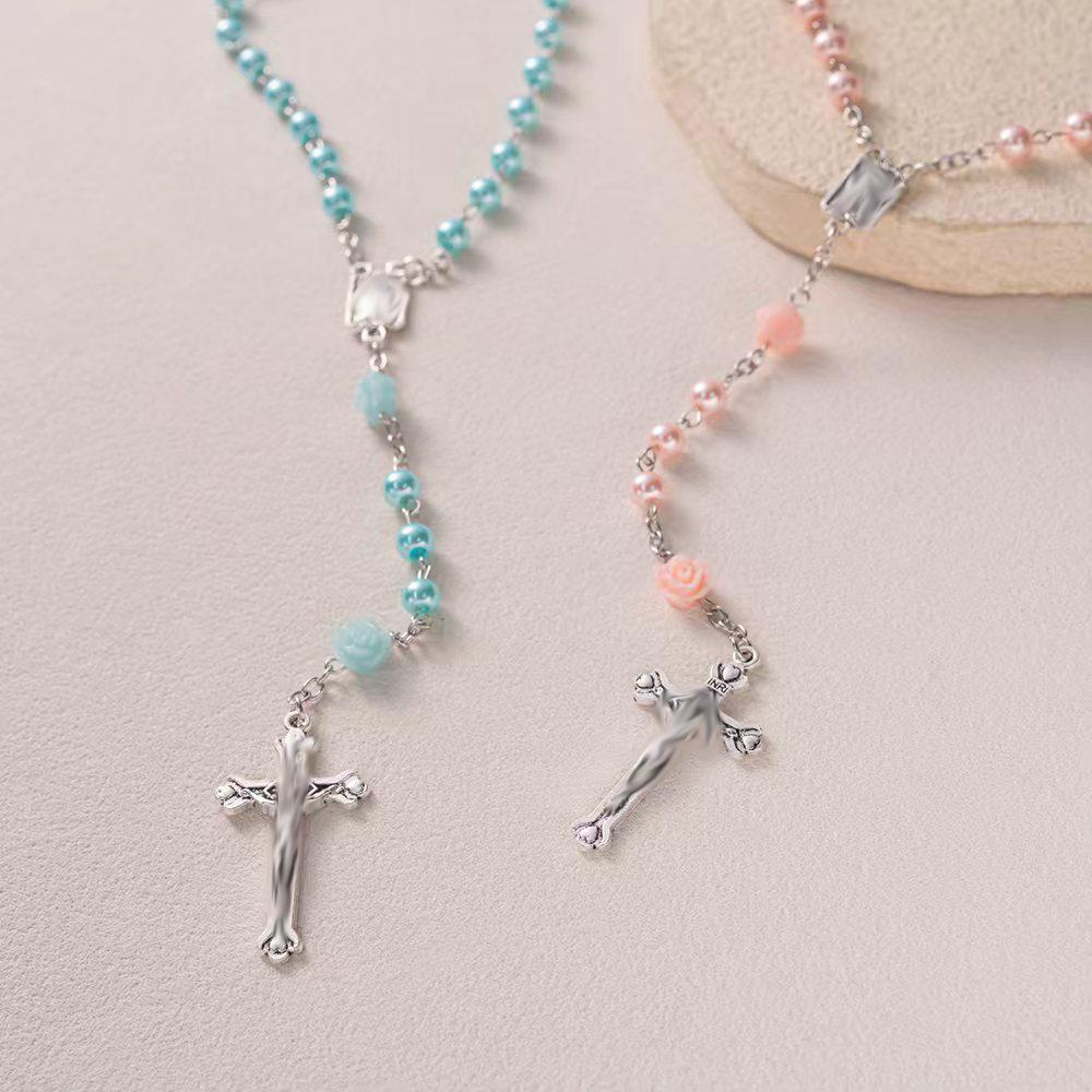 6mm Pink Rose Rosary Necklace with Cross and Glass Beads