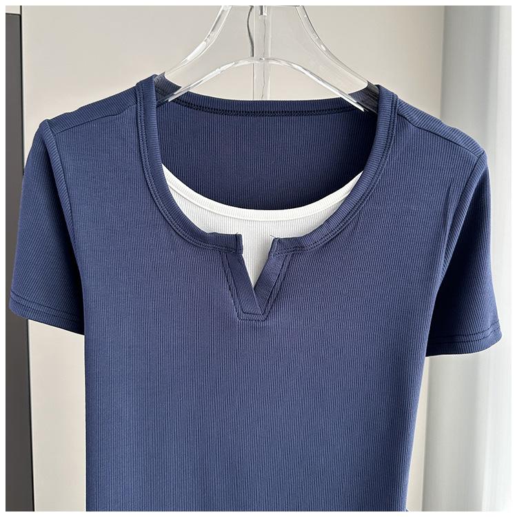 Plus Size Fake Two-Piece Color Block Short Sleeve T-Shirt Ribbed Slimming Top For Women Versatile Breathable Soft Material Flattering Slim Women Top