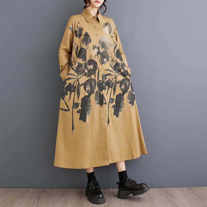 

Spring Autumn Loose Plus Size Patchwork Casual Long Sleeve Shirt Dress One Size хакі