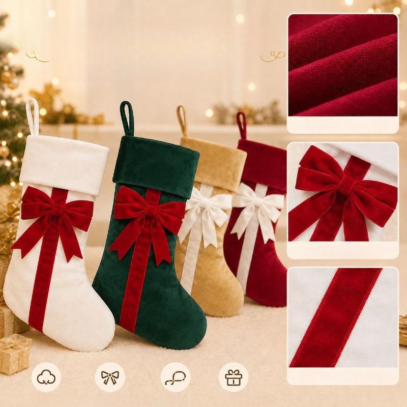 Christmas Stockings Velvet Bow Fireplace Socks Red Green Beige Four-color Christmas Tree Decoration Gift Bag Holiday Fabric