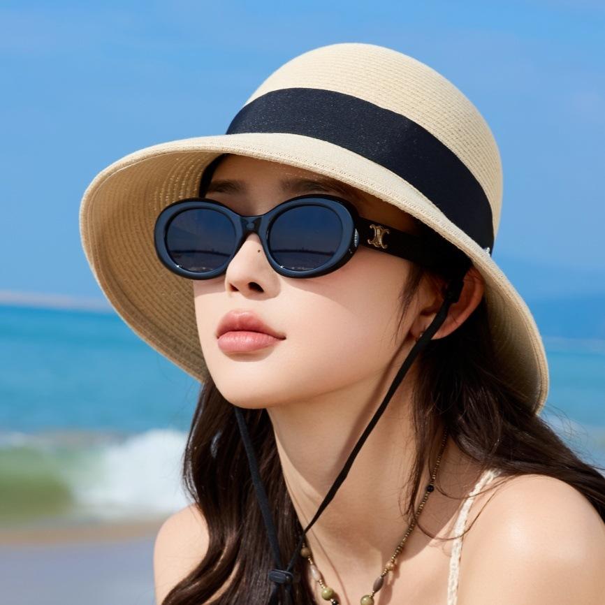 Spring and Summer Bow Webbing Sunshade Straw Hat Women's Wide-brimmed Beach Hat Versatile Vacation Sunscreen Bucket Hat