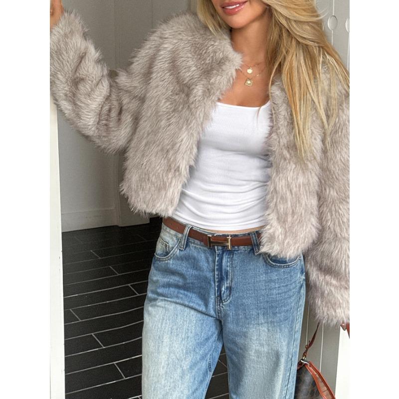 Autumn Winter Solid Color Casual Fashion Cardigan Coat Women Faux Fur All-match Outwear Top