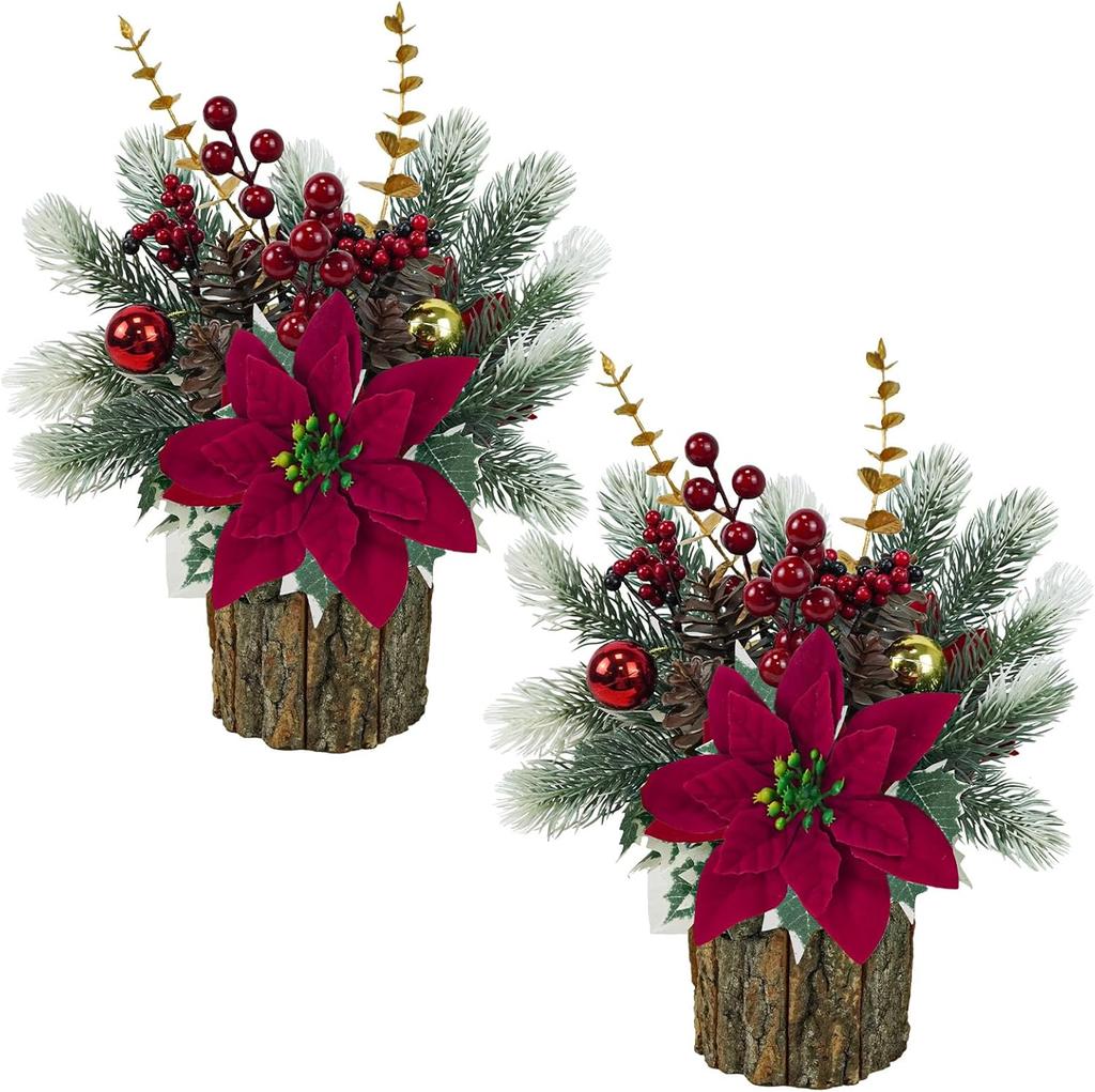 2 Pack Mini Christmas Tree with Red Poinsettia, Berries & Pine Cones - Artificial Potted Tabletop Decor for Home, Fireplace, Man