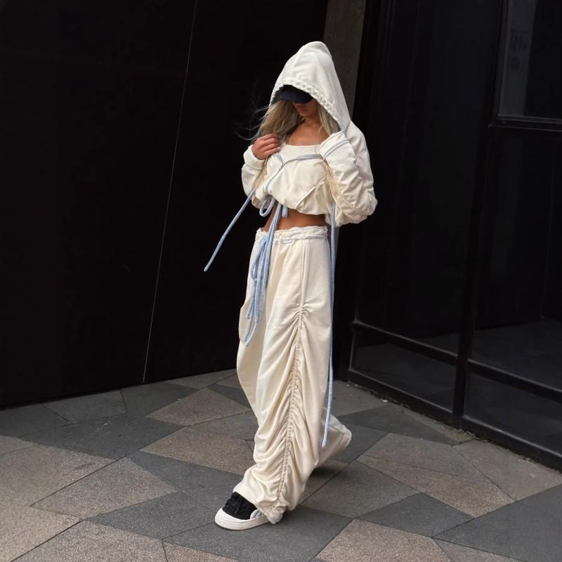 Unabhängige Station Neues Damen-Set Trend Falten INS-Stil Kapuzen-Träger-Strickjacke Farbpassende Hosenanzug