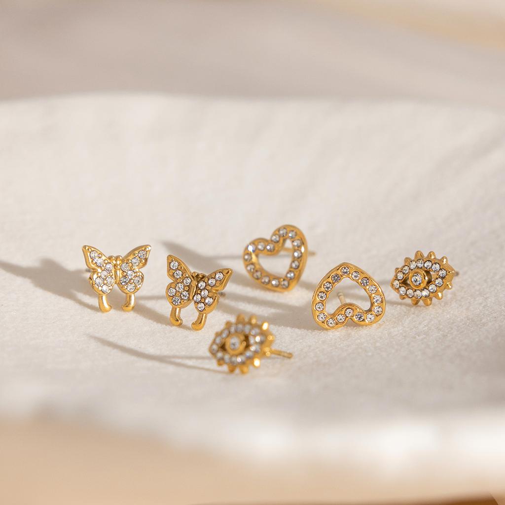 Youthway Cute Full Crystal Heart Butterfly Eye Stud Earrings For Women 18K Gold Plated Stainless Steel Earrings Fashion Jewelry