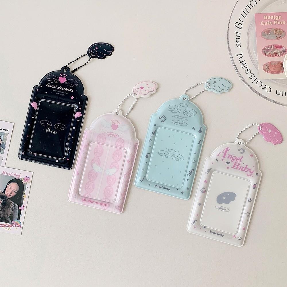 PVC Photocard Holder Keychain Angel Wings Cartoon ID Badge Holder Hanging Decoration Idol Card Display Protector