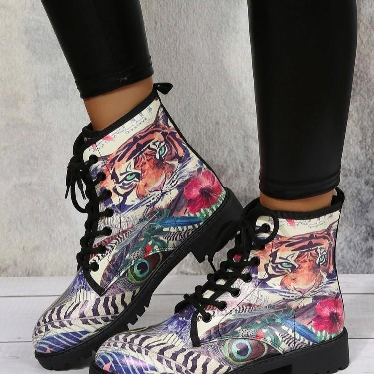 European and American Large Size Lace-up Thick Heel Bank Short Boots Women's Autumn Round Head British Fashion Martin Boots Leather Boots