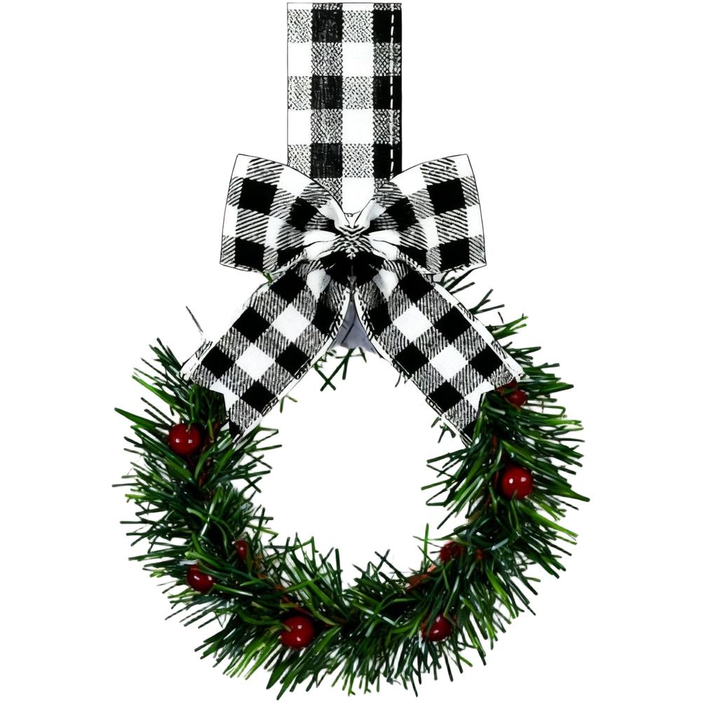 Indoor Mini Holiday Wreath with Fabric Bow for Window Hanging Plastic Material Rustic Style Seasonal Decoration