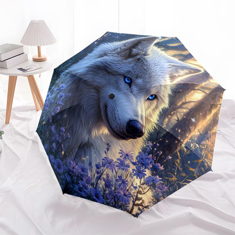 1 PC Automatic Folding Umbrella - Wolf In Moonlit Pattern, Portable & Foldable Design with 8 Ribs, Christmas Birthday Gifts