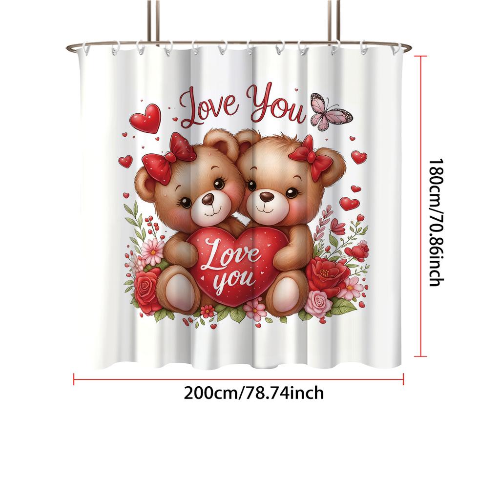 1pc Romantic Valentine's Day Bear Printed Waterproof Privacy Shower Curtain with 12 Hooks, Multiple Sizes, Easy Installation