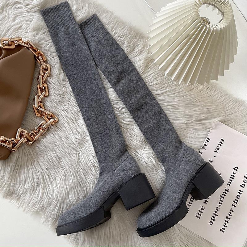 Fashion versatile thick-soled and thin knee boots 2025 autumn and winter high-heeled elastic socks boots thin boots