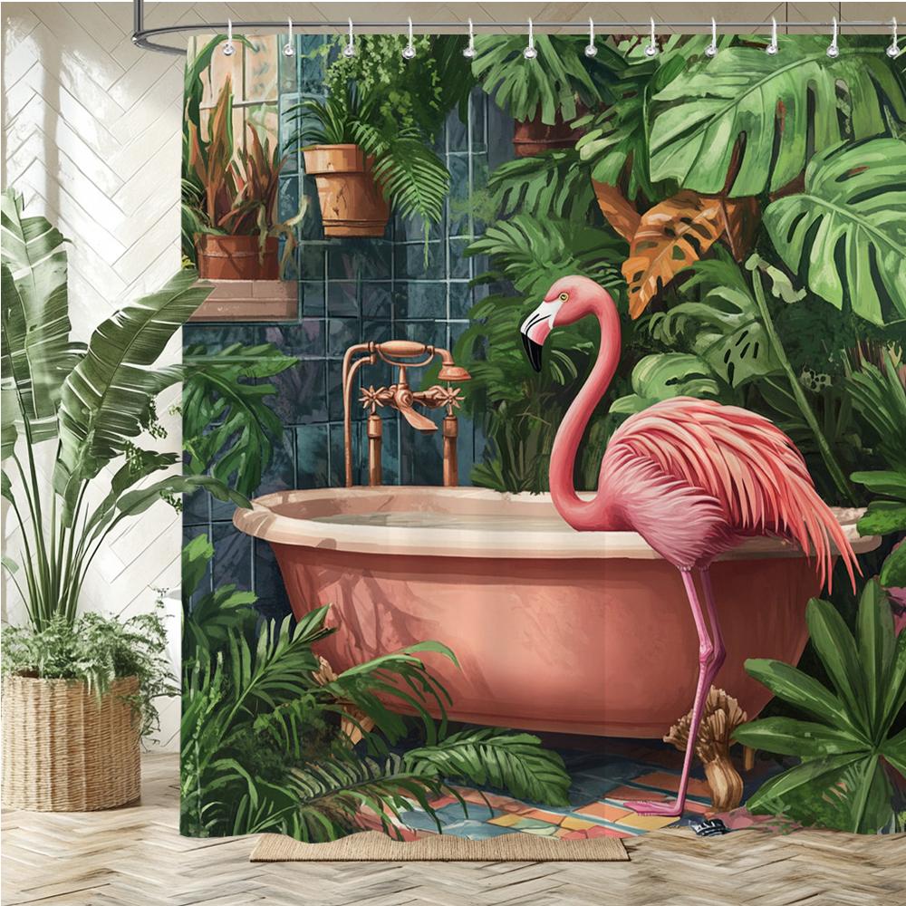

Nordic Plant Flamingo Style Fabric Shower Curtain Bathroom Curtain,Flowers And Birds Style Home Decoration Curtain With Hooks W60H190(CM)-1 Pcs