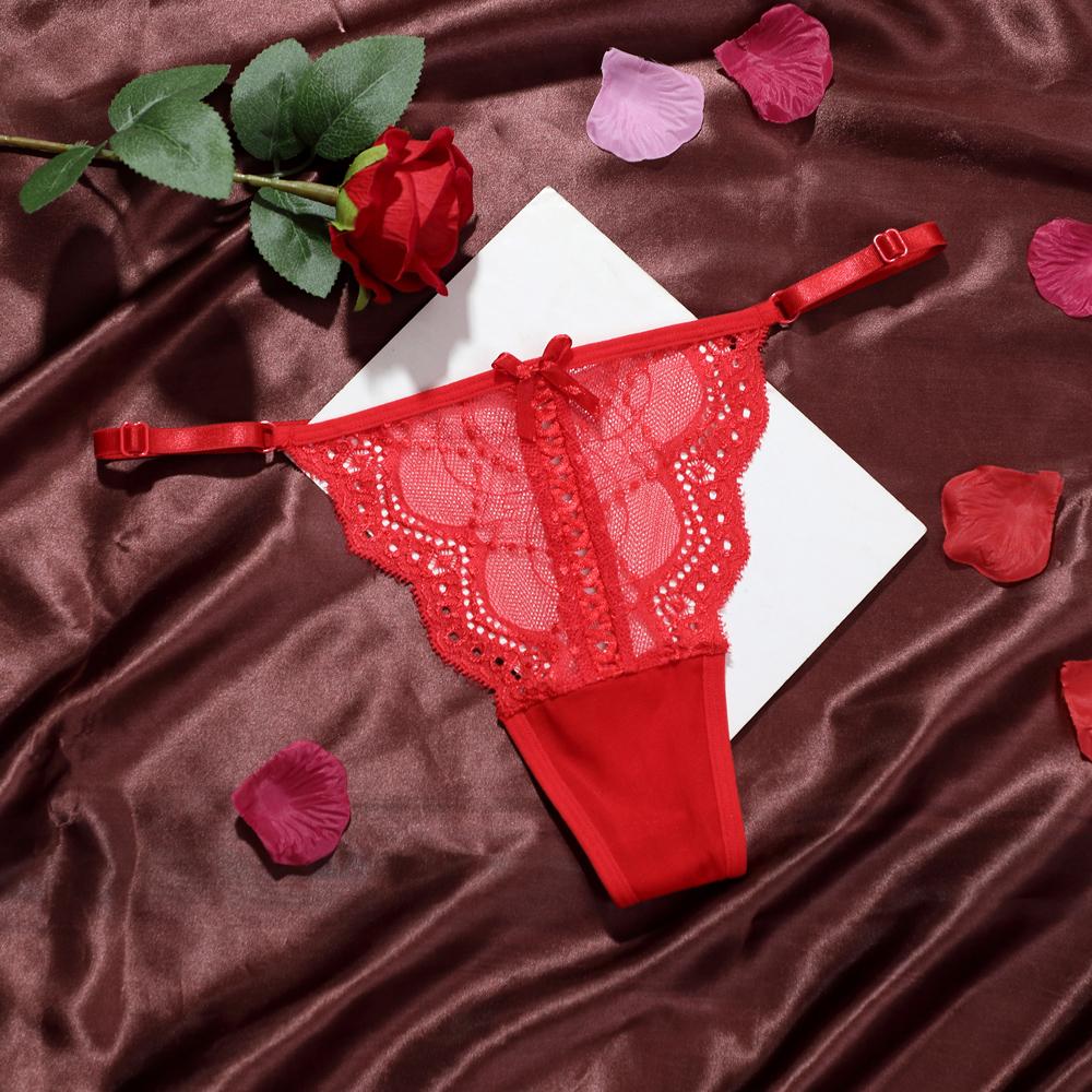 Women Thongs Lace Trim Elegant Sexy Adjustable Belt Panties Low Waist Butterfly Knot Ladies Transparent Mesh Lingeries