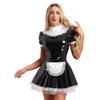 Damen Glänzendes Lackleder Dienstmädchenkleid Spitze Stirnband Rüschen Spitze Schürze Puffärmel Kleid
