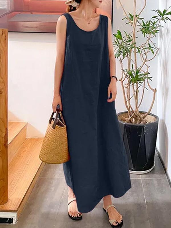 Women's Summer Cotton Linen Sleeveless Vest Dress - Casual, Loose-Fit, Solid Color