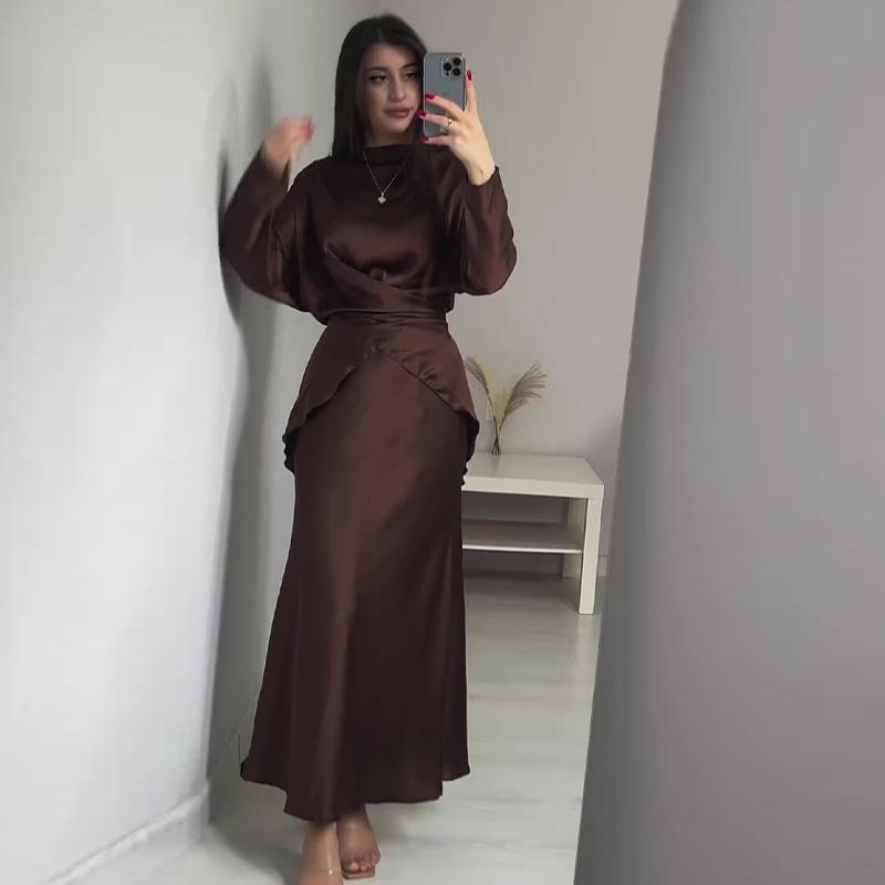 2024 Autumn European and American Style Round Neck Solid Color Two-Piece Look Waist-Gathering Slimming Dress for Women