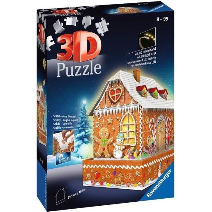 Puzzle 3d maison de noël en pain d'épices - ravensburger - monument 257 pièces - sans colle - change de couleur - dès 8 ans