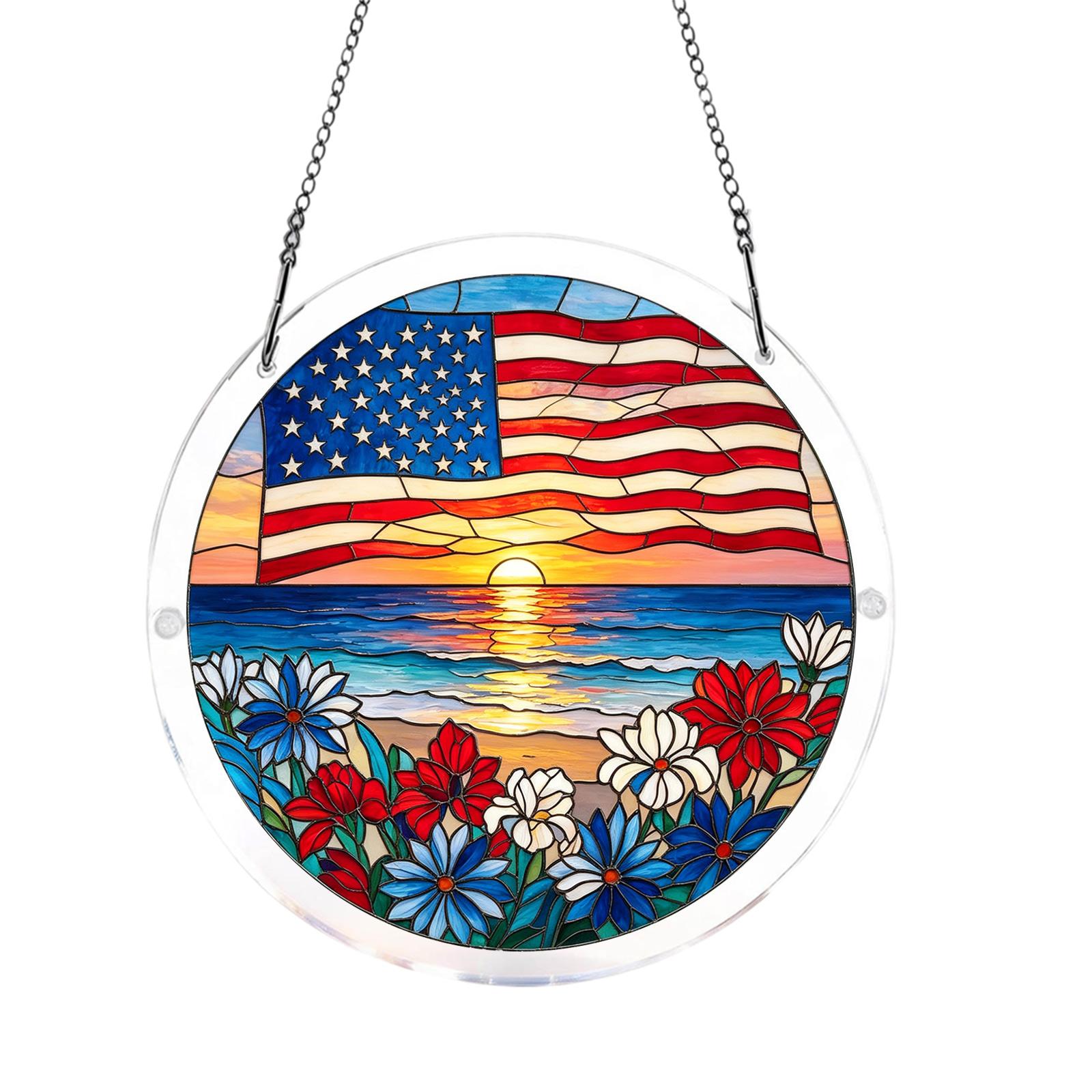 

2D Flat Acrylic Sun Catcher with Scenic Design Featuring Eagles Liberty Bell and Floral Elements Hanging Decoration for Windows One Size