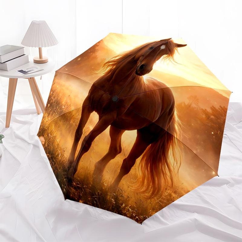 1pc Horse Sunset Automatic Folding Umbrella Portable Collapsible 8-Rib Umbrella for All Seasons, Casual Outdoor Accessory, B63