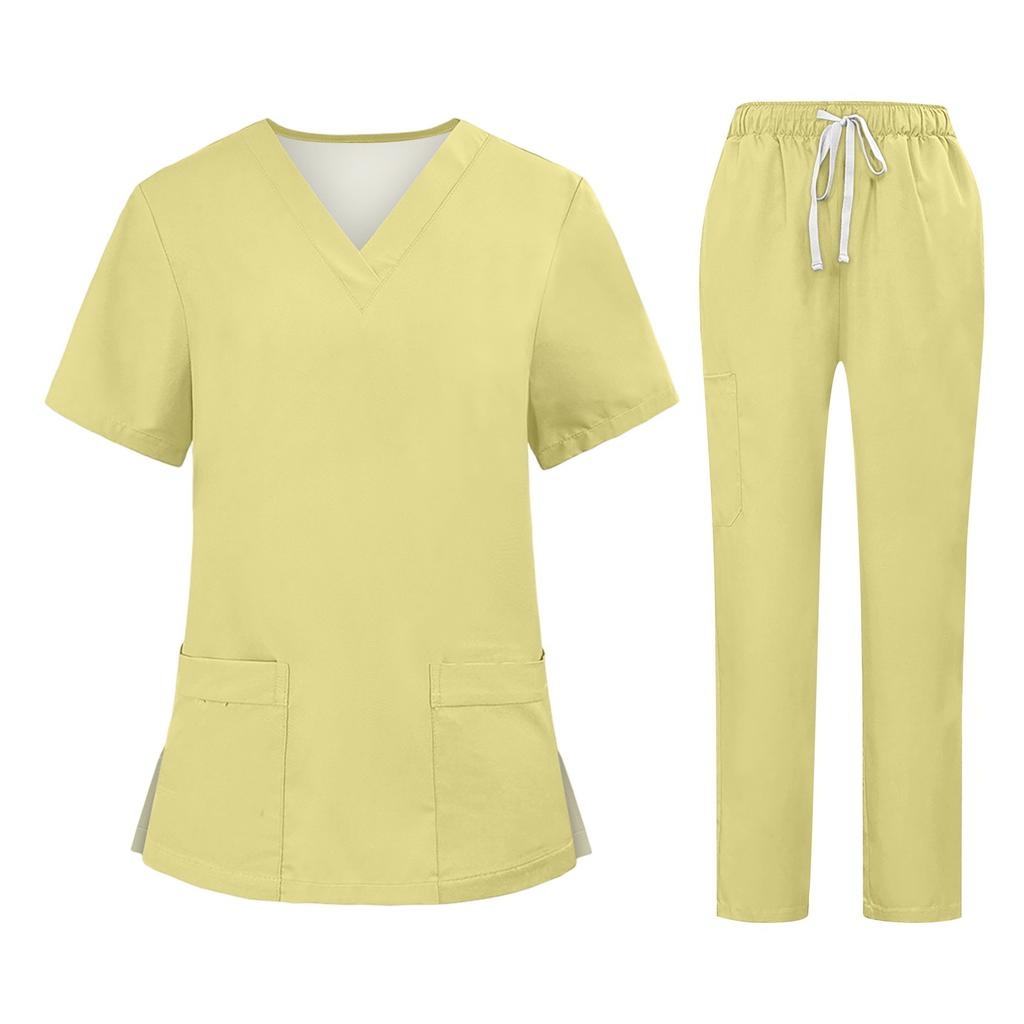Soild Scrub Arbeitsuniform Anzug für Damen Kreuz V-Ausschnitt Kurzarm Fun T-Shirts Arbeitskleidung T-Shirt mit Taschen