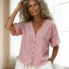 Bohemian V-Neck Short Sleeve Blouse with Crochet Lace Detail